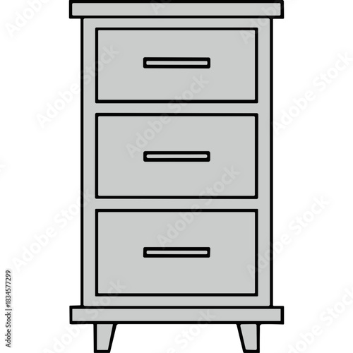 A minimalist flat illustration of a gray three-drawer filing cabinet with simple handles and legs on a plain black background representing office storage and organization concept