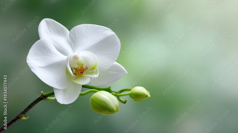 Fototapeta premium Beautiful White Orchid Blooms with Buds Against a Soft Green Background Perfect for Nature and Floral Illustrations, Wall Art, or Decoration