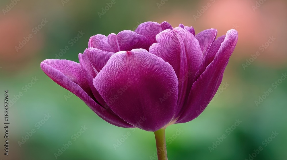 Obraz premium Stunning close-up of a vibrant purple tulip flower showcasing delicate petals against a blurred background of soft colors in a serene setting