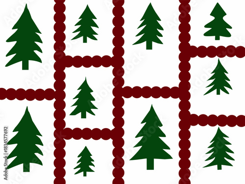 A collection of green Christmas trees. A Christmas tree in a box with rounded lines. One of the icons of Christmas celebrations.