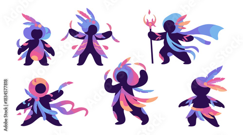 Stylized dark fantasy figures with vibrant feather-like elements and dynamic poses on a white background, set of six characters.