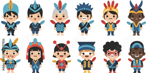 A collection of cute cartoon children characters dressed in various traditional tribal costumes with feathered headwear and cultural attire.