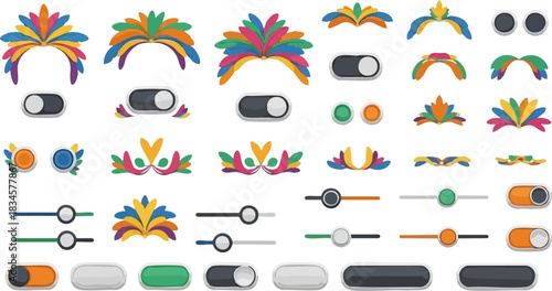 A comprehensive collection of user interface elements including colorful toggle switches, sliders, and decorative festive ornaments for web and app design.