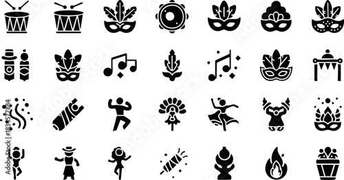 A comprehensive collection of black silhouette icons representing carnival, music, dance, and celebration elements.