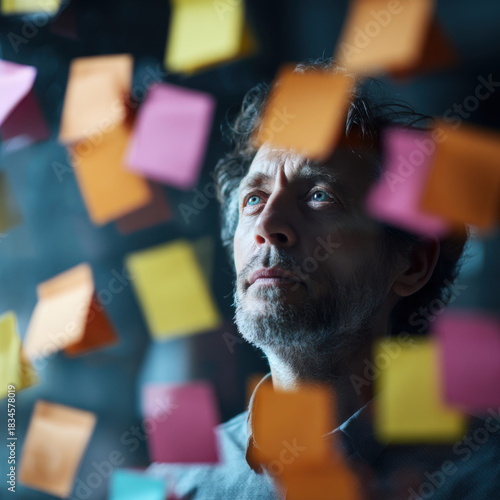 Analytical Contemplation: A man thoughtfully engages with an array of colorful sticky notes, visualizing ideas and strategic plans.