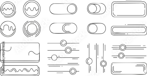A collection of user interface elements including switches, sliders, and toggles in a minimalist black and white line art style.
