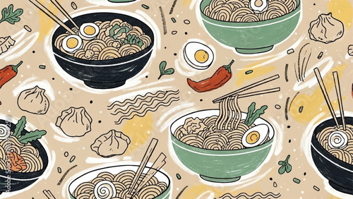 Hand-Drawn Ramen Bowl and Dumpling Seamless Pattern with Chili and Chopsticks