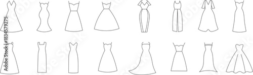 Dress line symbol for women. Dress icon set for women. selection of wedding dresses. Skirt symbol.  changeable stroke. Vector illustration