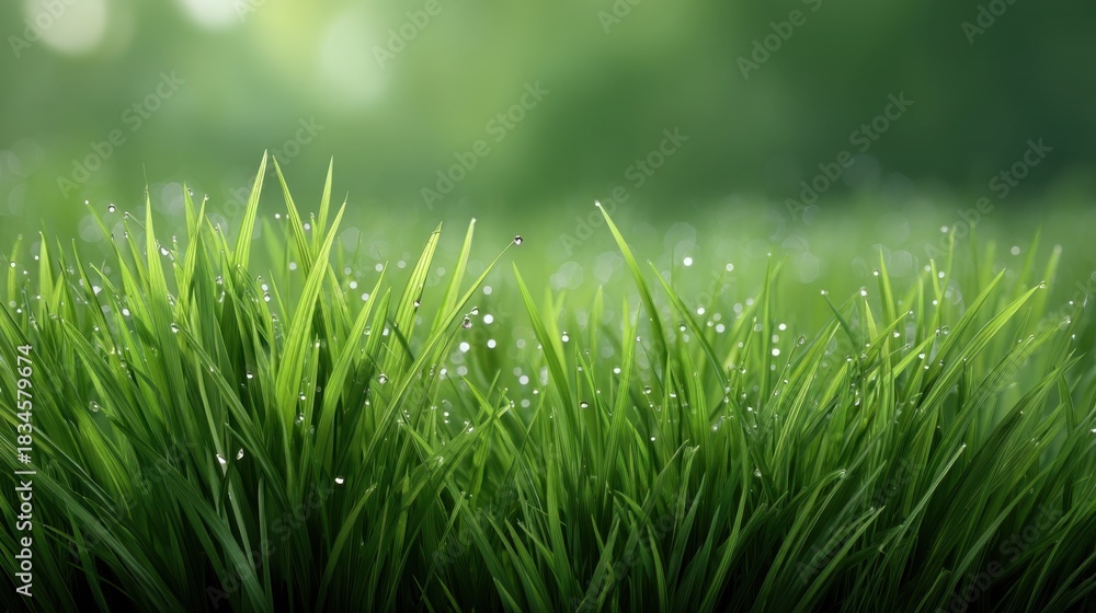 Obraz premium Dew-kissed Green Grass Under Soft Morning Light, Lush Meadow Scene with Fresh Blades and Gentle Blurriness in Background, Ideal for Nature Photography