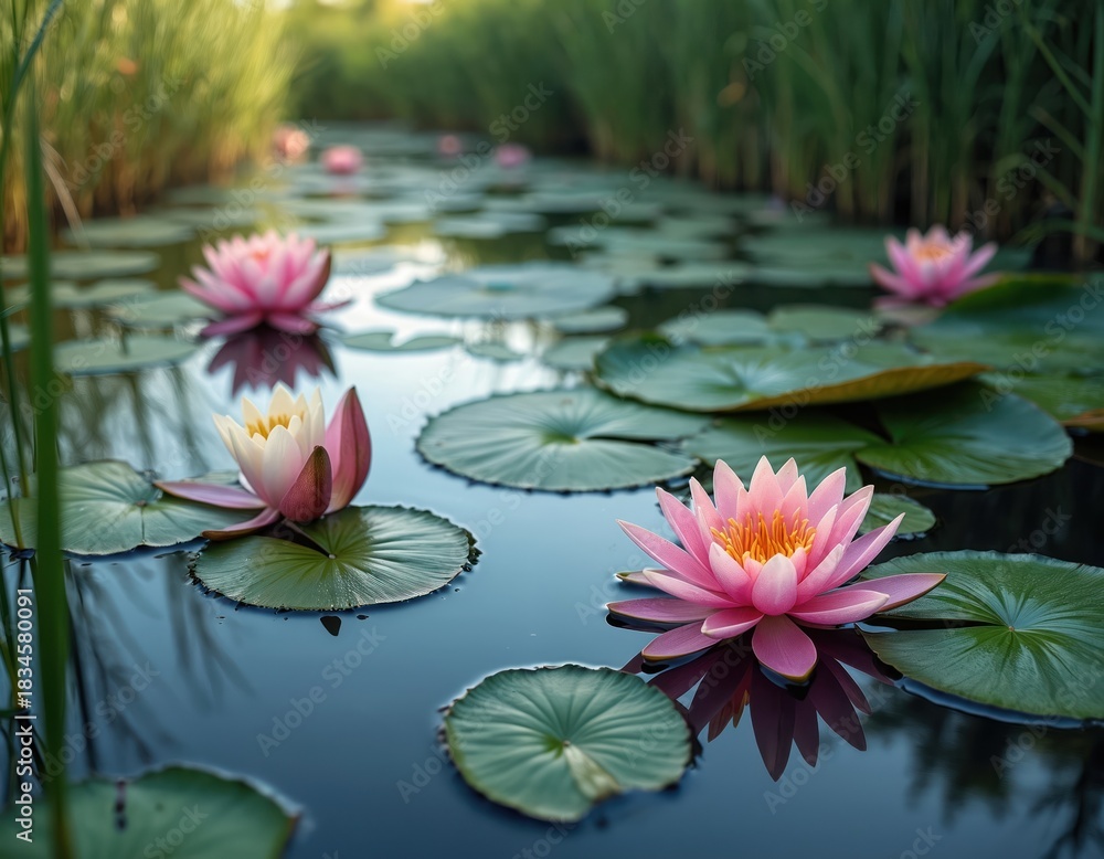 Naklejka premium Pink water lilies bloom on calm pond water surface, surrounded by large green leaves. Tall reeds grow along the edge, reflecting in the water. Peaceful aquatic nature scene.