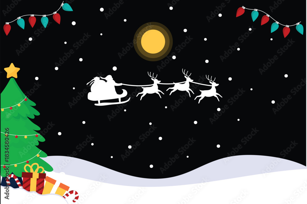 Naklejka premium Santa's Night Flight: A whimsical illustration depicts Santa Claus soaring through a snowy night sky, his sleigh pulled by reindeer, with a Christmas tree and gifts nestled in the snowy ground.