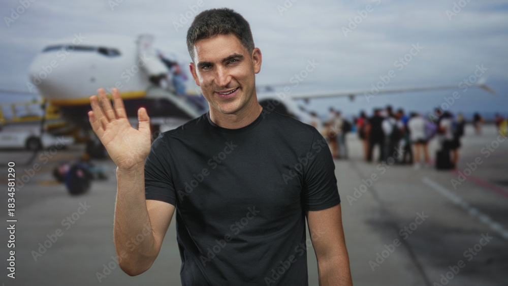 Fototapeta premium Man waving hand at airport tarmac near airplane and boarding queue, smiling at camera; friendly greeting.