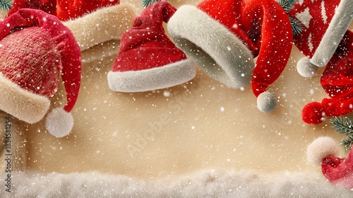 Festive Christmas Border with Santa Hats and Snowflakes on a Beige Background, Holiday Season Decoration with Copy Space, Soft Texture and High Detail