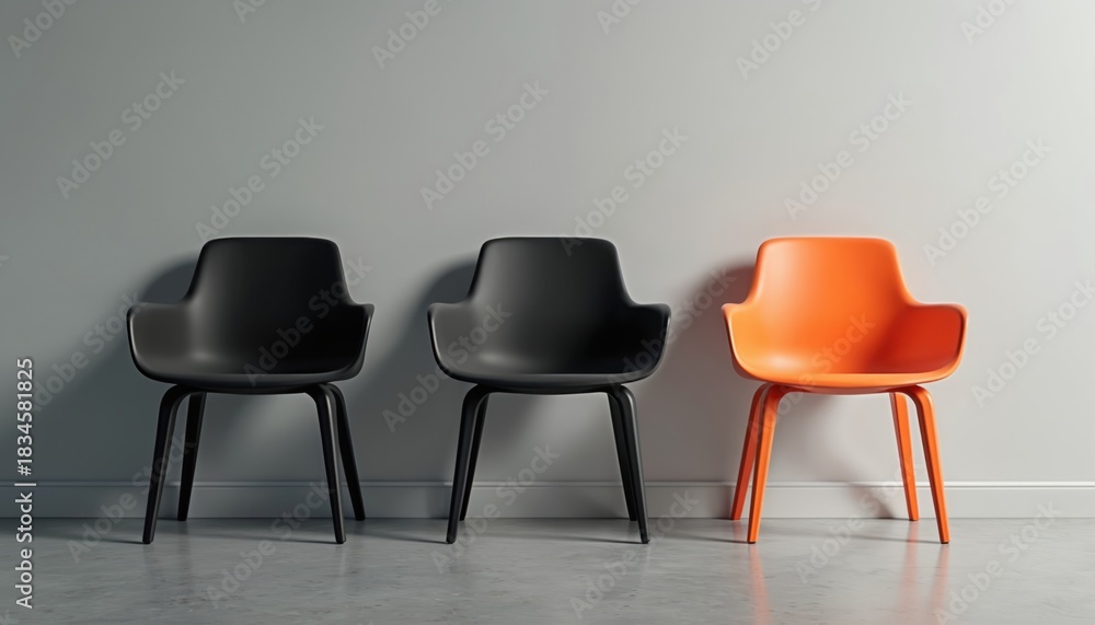 Obraz premium Three modern chairs, two black and one orange, aligned neatly on grey floor against white wall. Minimalist seating arrangement for waiting area or office. Clean design.