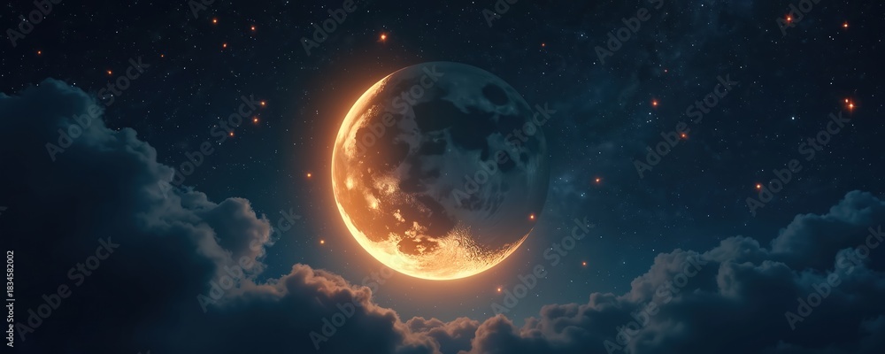 Fototapeta premium Bright moon glows with orange light in dark night sky. Stars and clouds surround moon. Celestial body hangs over clouds, deep space cosmic background, dreamlike atmosphere.