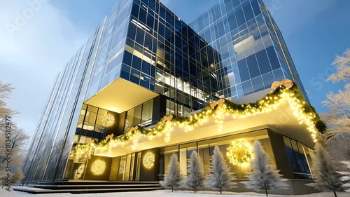 Sustainable glass office building decorated with Christmas wreaths and winter lights, eco-friendly corporate architecture, holiday environmental responsibility, green business conc