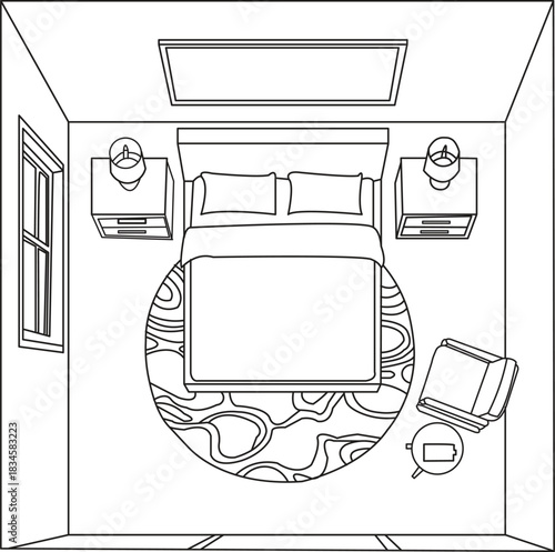  Top view modern and simple bed room line art vector.