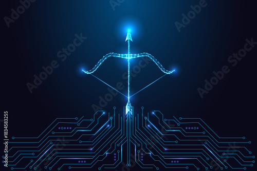 Digital Bow and Arrow Formed by Polygonal Network Above Circuit Board. Futuristic Tech Symbol