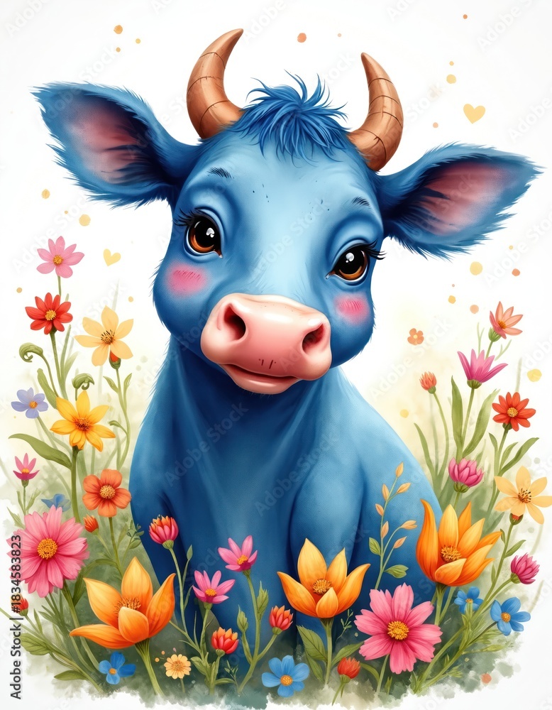 Naklejka premium Charming blue cow calf with big brown eyes, pink cheeks smiles. Cute animal stands among bright colorful wild spring summer flowers. Vibrant whimsical illustration artwork ideal for kids projects,