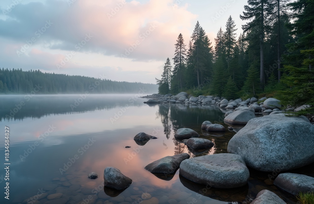 Obraz premium Serene lake with calm water, evergreen trees, and large rocks by the shore. Misty morning atmosphere, reflections on the lake surface. Peaceful scenery in a forested area, natural landscape.