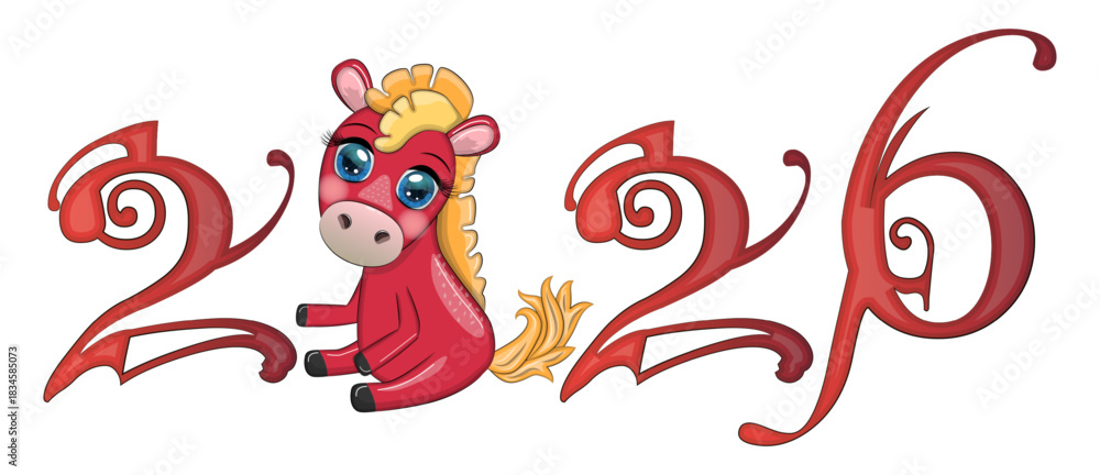 Obraz premium A banner for Chinese New Year 2026, combining an image of a horse and the number 2026, done in a cartoon style, the year of the horse.