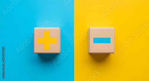 Pros and cons or strengths and weaknesses concept. Plus and minus symbols on colorful background .