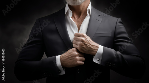 Elegant mature man adjusting suit jacket in dark studio setting.