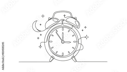 Continuous line drawing of alarm clock with moon and stars, bedtime concept
