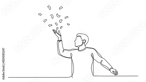 A minimalist continuous line drawing of a man catching falling objects with one hand