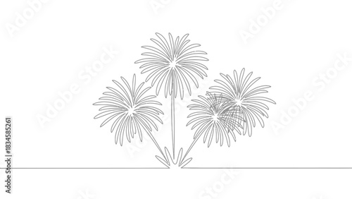 Elegant fireworks line drawing illustration isolated on white background perfect for new year