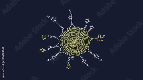 Hand-Drawn Celestial Sun and Stars on Deep Blue Background creating a dreamlike feel