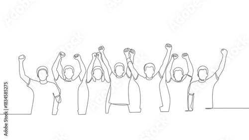Continuous Line Drawing of People with Raised Fists Showing Unity and Solidarity