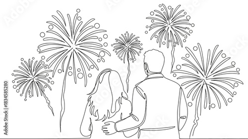 Couple Watching Fireworks, A Continuous Line Drawing of Celebration and Togetherness