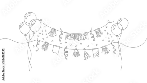 Party Decoration Line Art Illustration Featuring Balloons Streamers and Celebration Elements
