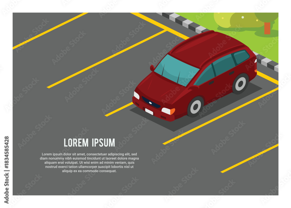 Naklejka premium Car parked in a parking lot. Simple flat illustration in isometric view.