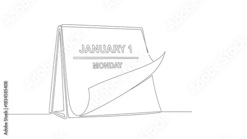 Minimalist calendar illustration showcasing January 1st Monday with page turning effect