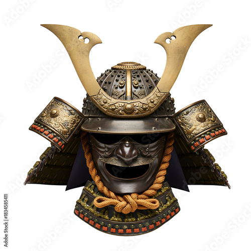 An ornate and traditional Japanese samurai kabuto helmet with a fearsome mask isolated on a white background.