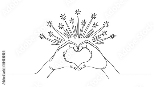 Continuous line drawing of hand heart gesture radiating with stars for love concept