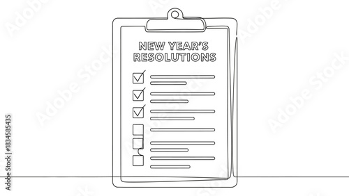Continuous line drawing of New Year's resolutions list on clipboard showing goals