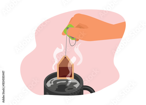 Hand dipping teabag into a cup filled with hot water. Simple flat illustration.