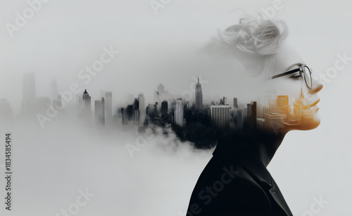 Double exposure of woman in profile blended with urban cityscape.