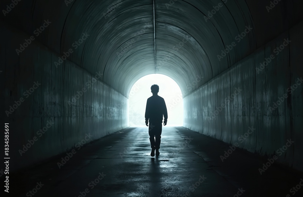 Fototapeta premium Man walks alone in dark tunnel towards bright light at end. Silhouette of person in gloomy corridor. Boy man escaping darkness, seeking freedom, escape from sorrow. Lonely person walks through tunnel