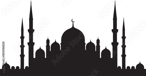 Black silhouette of a mosque with a central dome and flanking minarets