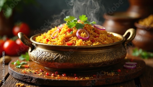 Fototapeta Naklejka Na Ścianę i Meble -  Aromatic vegetable biryani steams in ornate bowl. Authentic indian dish with basmati rice, vegetables and spices. Topped with onion rings and cilantro garnish. Vegan vegetarian meal on wood table.