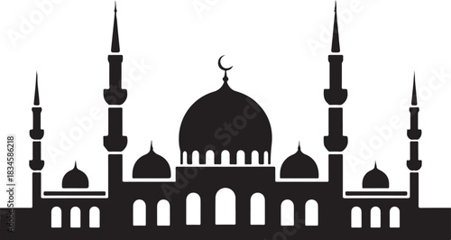 Silhouette of an Islamic mosque with domes and minarets