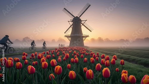 Dutch Tulips Field With Windmill At Sunrise Cyclists Riding Through Fog