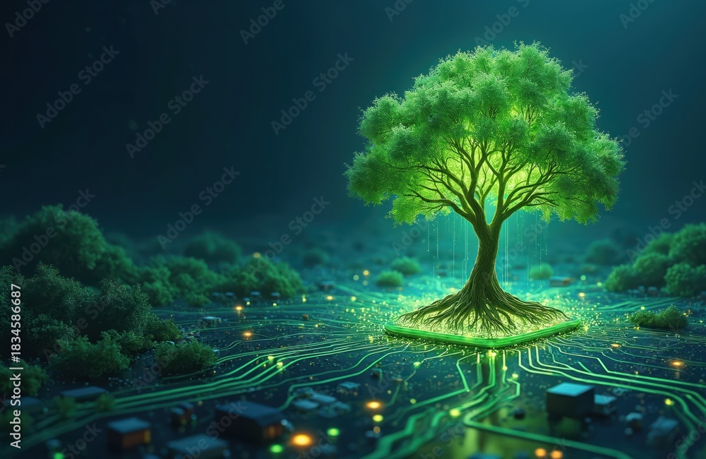 Fototapeta premium Green tree with luminous roots grows on digital circuit board. Nature meets tech in dark landscape. Lush foliage spreads as technology integrates with organic life.