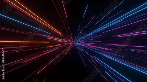 Dynamic Neon Light Trails Zooming Through Dark Space Background Abstract