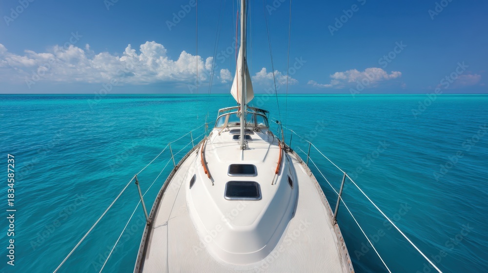 Fototapeta premium Serene View from the Bow of a Yacht Sailing over Crystal Clear Turquoise Waters under a Bright Blue Sky with Soft White Clouds on a Summer Day