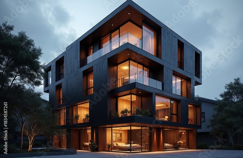 Sleek dark apartment building with modern arch design under evening sky. Illuminated windows show luxury interiors, cozy living spaces. Glass balconies add style to upscale residential property.